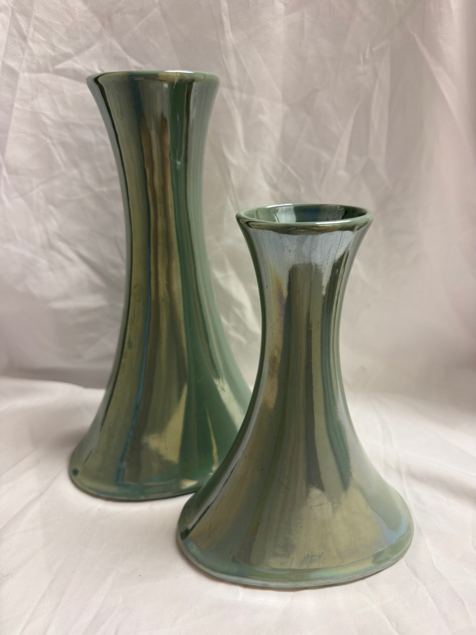 GREEN IRIDESCENT TABLE VASES SET OF 2