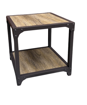 RUSTIC OAK AND IRON SIDE TABLE SET OF TWO