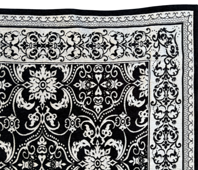 BLACK AND CREAM DAMASK AREA RUG