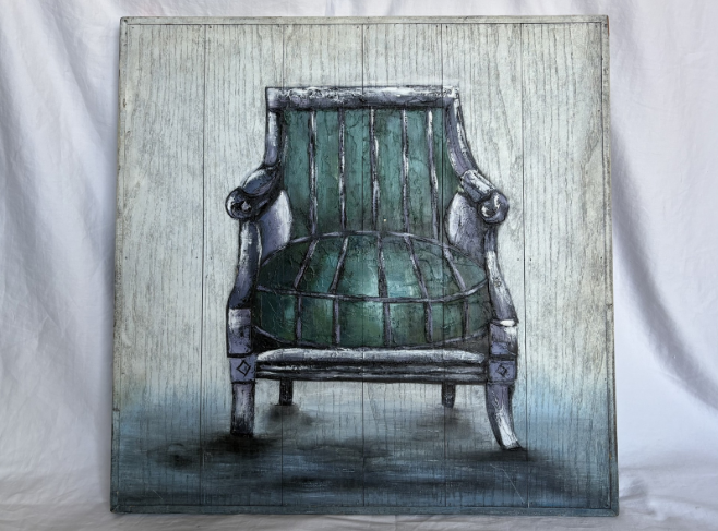 BLUE CHAIR ON WOODEN BOARD