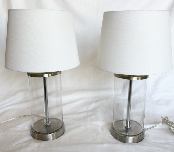GLASS BASE WITH WHITE LAMP SHADES SET OF 2